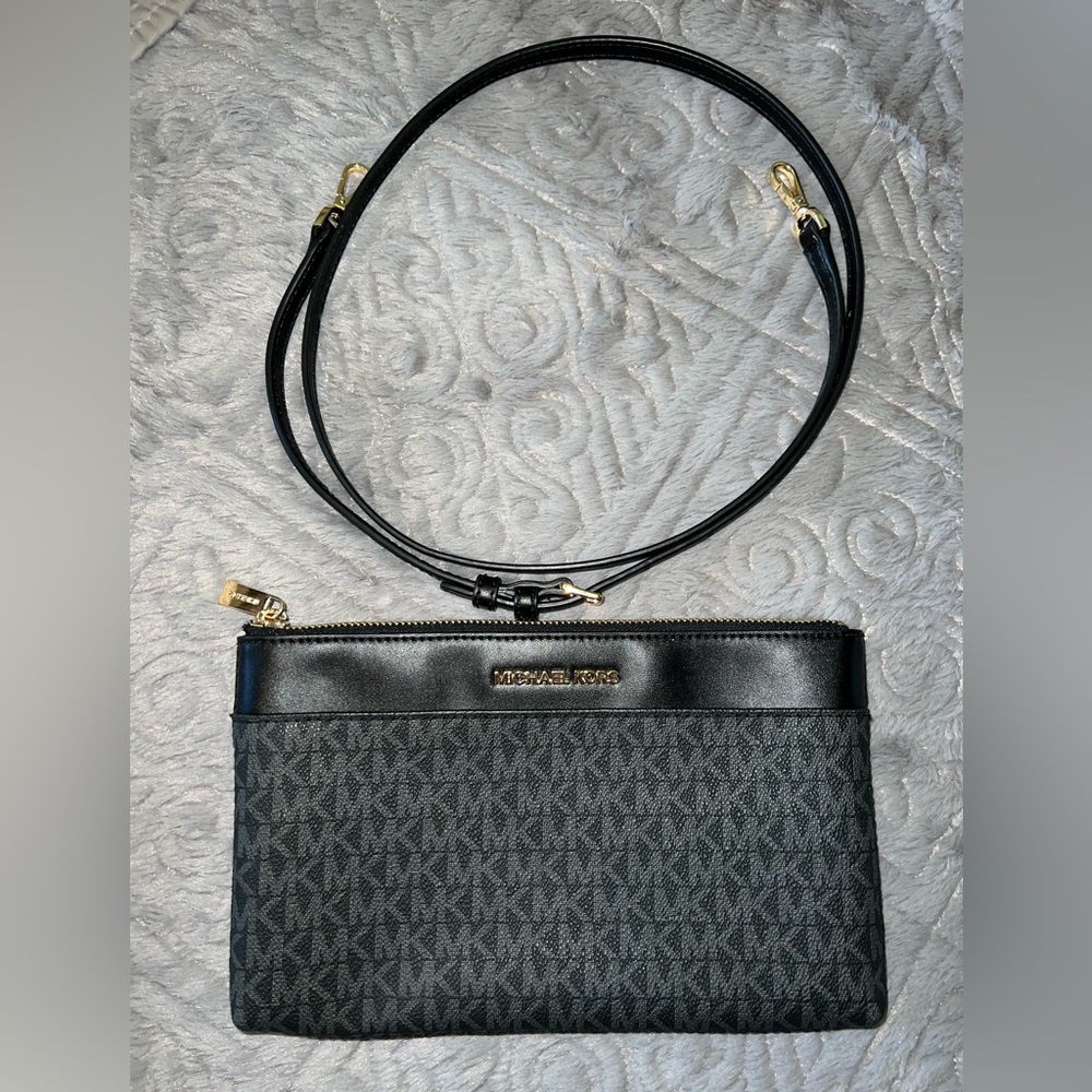 Michael Kors Black Monogram Crossbody with Gold Hardware